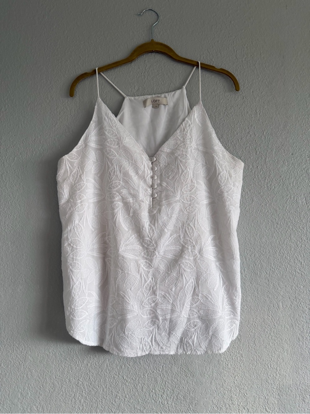 LOFT White Floral Embroidered Cami Coquette Cottagecore Spaghetti Strap Tank L